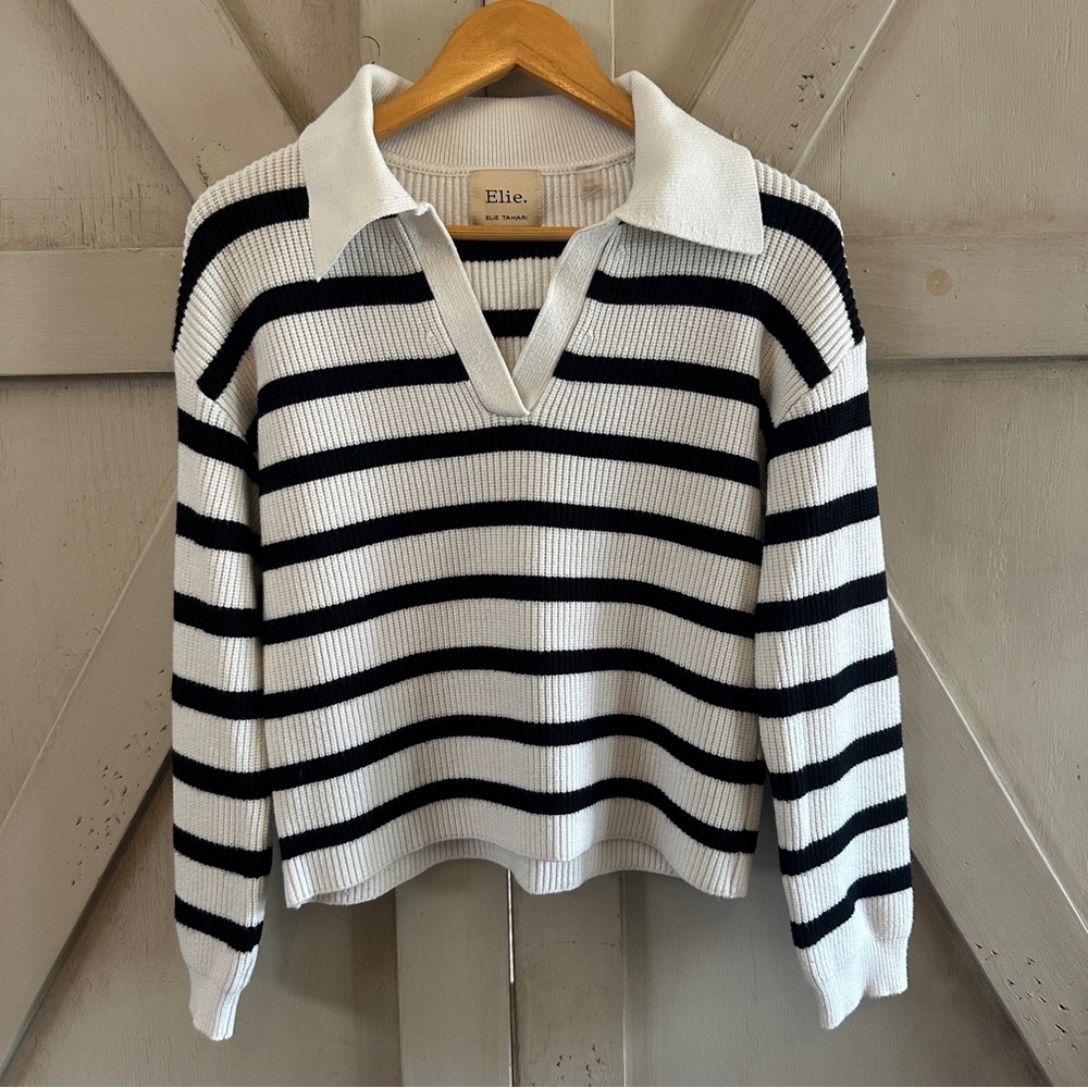 Elie Tahari Striped Collared Sweater M Black White Cropped Knit Preppy Chic